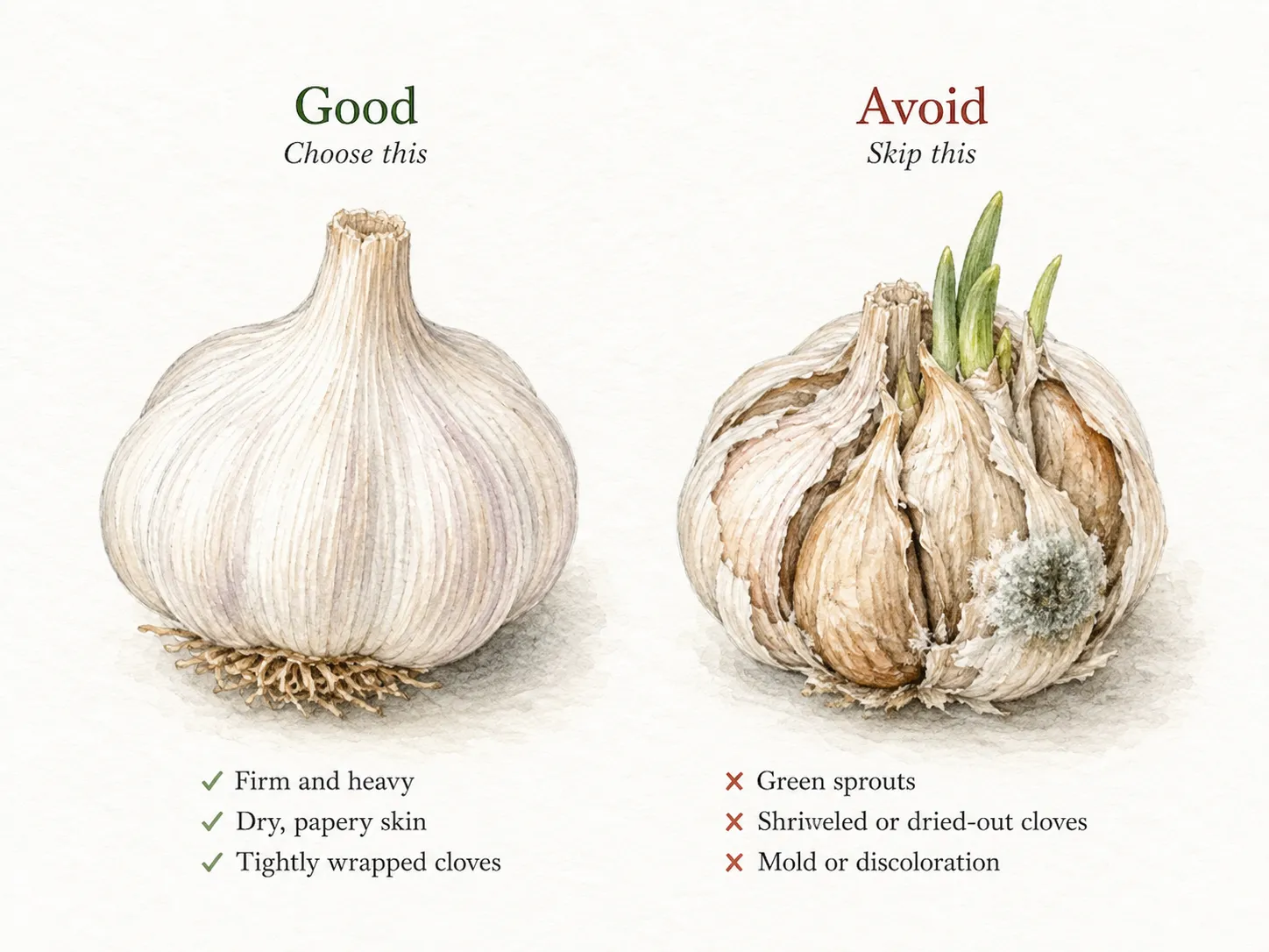 Two bulbs compared side by side. Under Good, choose this: a plump bulb with tight skin -- firm and heavy, dry papery skin, tightly wrapped cloves. Under Avoid, skip this: a splitting bulb sending up green shoots and spotted with gray mold -- green sprouts, shriveled or dried-out cloves, mold or discoloration.
