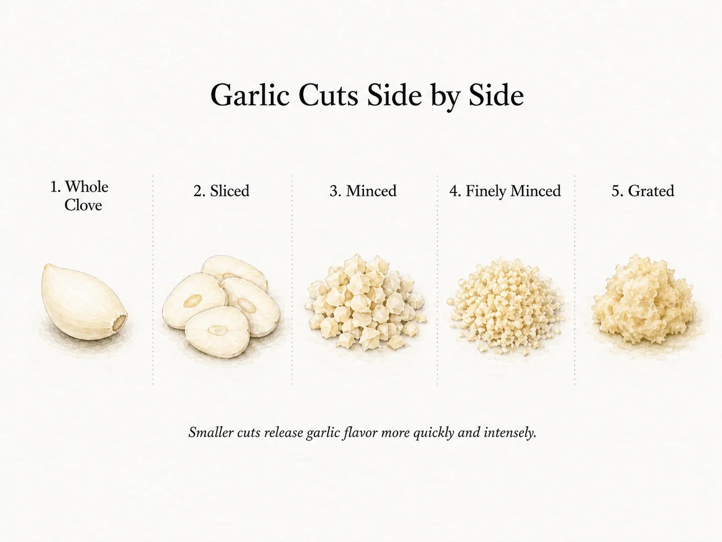 Five piles of garlic in a row, cut progressively finer and labeled 1. Whole clove, 2. Sliced, 3. Minced, 4. Finely minced, 5. Grated. Smaller cuts release garlic flavor more quickly and intensely.