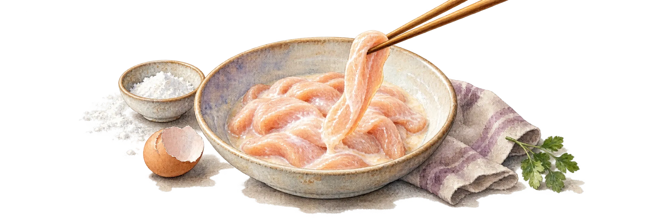 A ceramic bowl of thin raw chicken breast strips coated in a smooth, milky-white marinade, with wooden chopsticks lifting one strip clear of the bowl. Beside it sit a small dish of cornstarch, a cracked eggshell half, a folded striped cloth napkin, and a sprig of parsley.