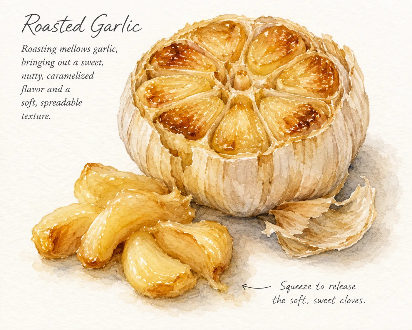 A head of garlic roasted and cut across, its cloves gone golden and caramelized inside the skin, with soft cloves squeezed out alongside. Roasting mellows garlic into a sweet, nutty, spreadable paste.